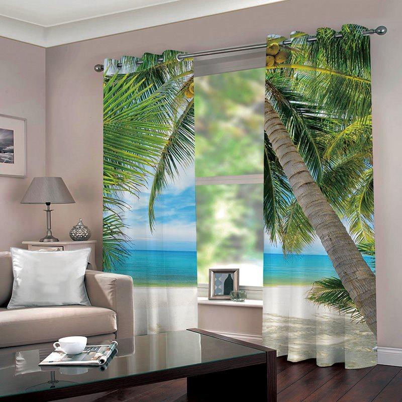 3D Romantic Holiday Scenery Blackout Curtain with White Beach and Green Coconut Tree