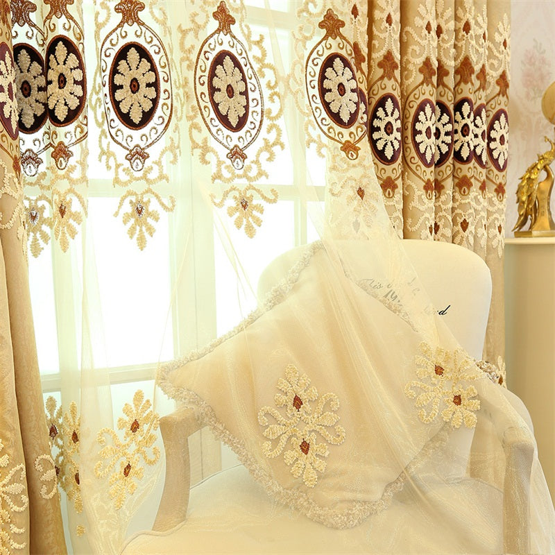 Classical Embroidered Damask Pattern Custom Grommet Top Sheer Curtain