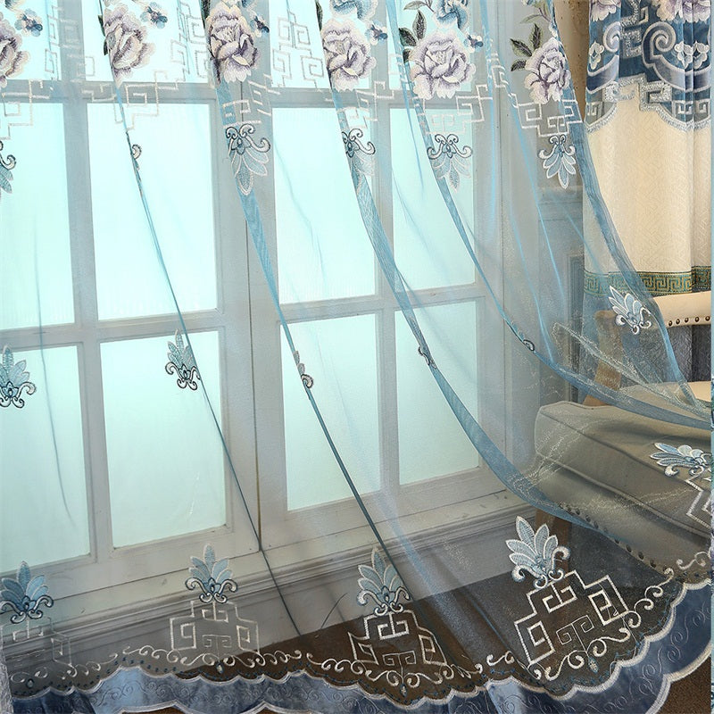 Blackout Curtain Elegant and Cozy Light Blue Embroidered Shading Curtain Flowers Hollowed-out Designing Living Room Curtain