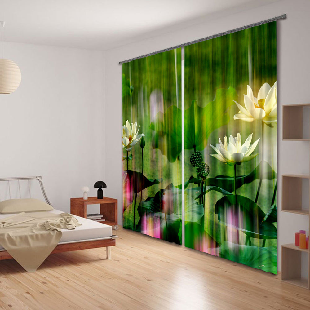 3D Lush Leaves and Lotus Printed Pastoral Style Custom Curtain for Living Room