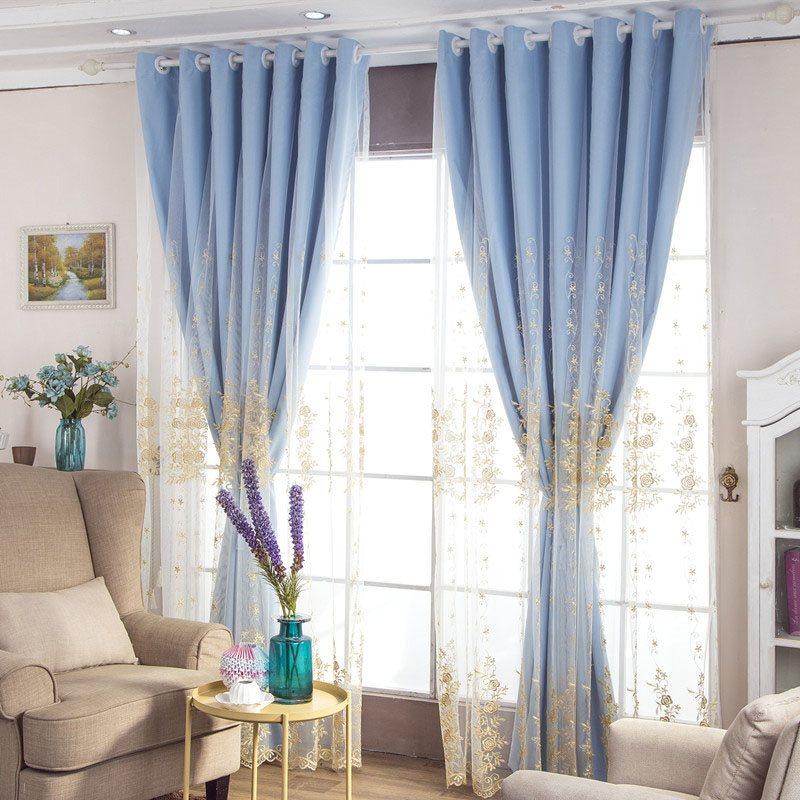 European Floral Rose Embroidery Curtain Sets Sheer and Lining Blackout Curtains Full Shading Double Curtains for Living Room Bedroom Decoration Ultraviolet-Proof No Pilling No Fading No off-lining