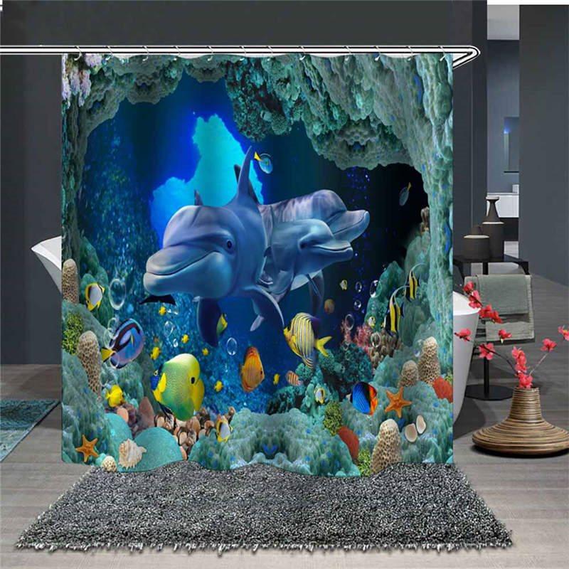 Waterproof and Mildewproof 3D Dolphins and Fish Under The Sea Polyester Animal Shower Curtains