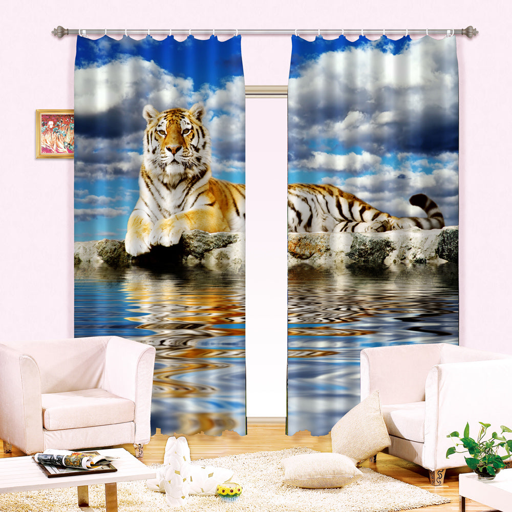 3D Lovely Tiger Printed Thick Polyester Animal Scenery 2 Panels Blackout Curtain