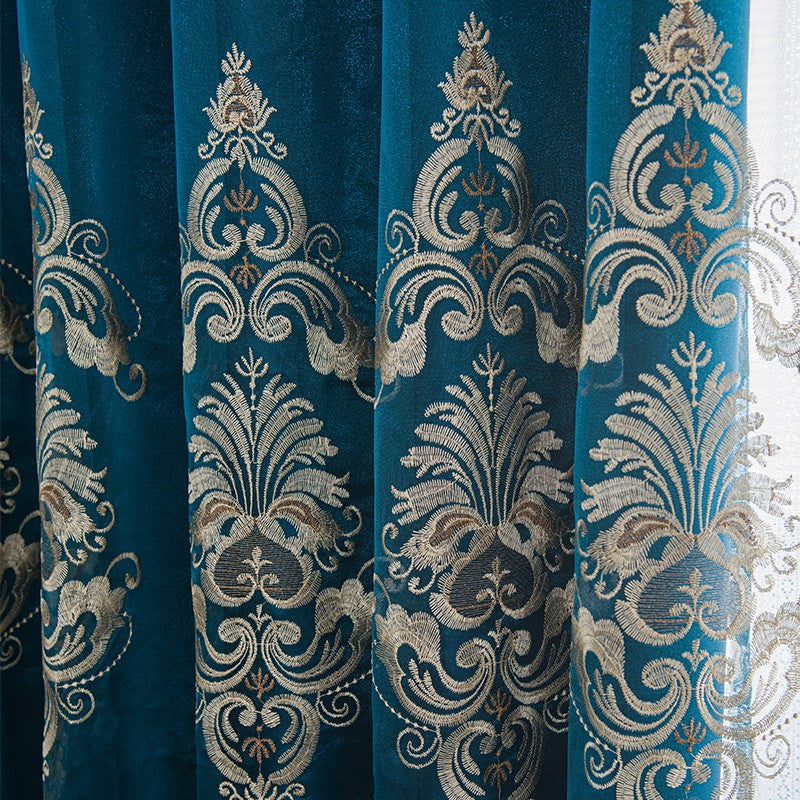 New European Elegant Floral Embroidery Dark Blue Double Shading Curtains Luxurious Hollow Curtains for Living Room Bedroom Decoration Custom 2 Panels Drapes Polyester Blend