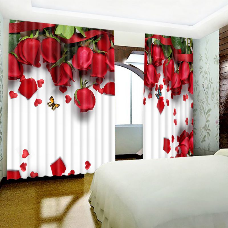 3D Romantic and Fresh Red Roses High Quality Blackout Custom Curtains for Living Room and Bedroom