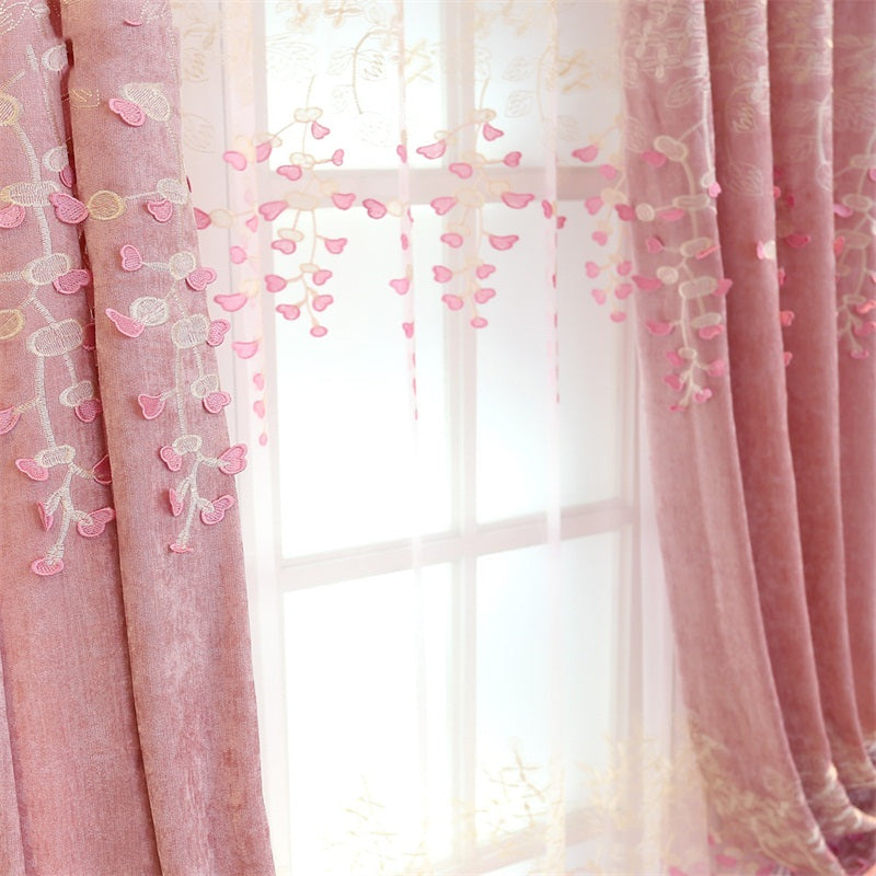 Romantic Pink Color Pastoral Style Embroidered Shading Curtain and Sheer for Bedroom Living Room Finished Product Shading Cloth