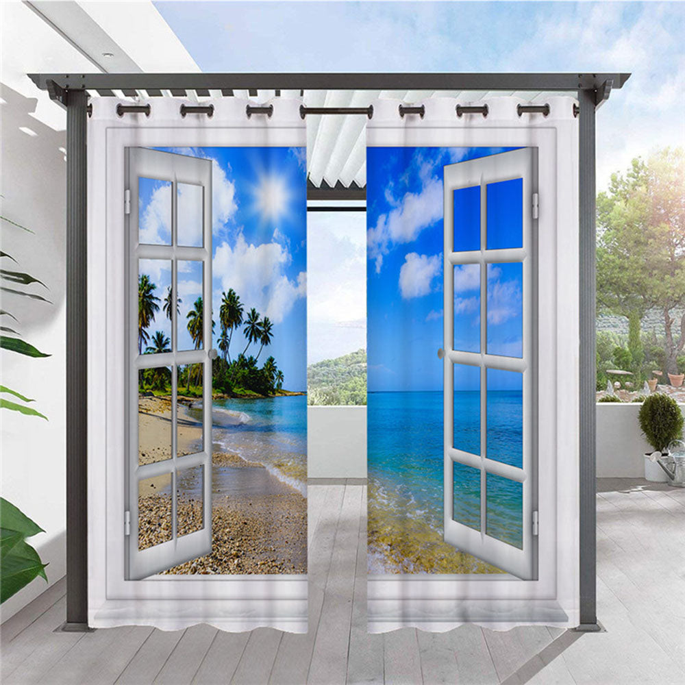 Modern 3D Scenery Outdoor Curtains Sea View from the Window Grommet Top Cabana Curtain Waterproof Sun-proof Heat-insulating Polyester 2 Panels