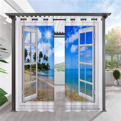 Modern 3D Scenery Outdoor Curtains Sea View from the Window Grommet Top Cabana Curtain Waterproof Sun-proof Heat-insulating Polyester 2 Panels