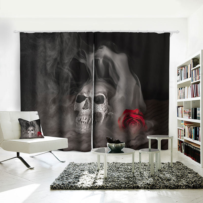 Halloween 3D Shading Cloth Gray Blackout Curtains Skull Printed Water-proof and Dust-proof Custom Curtain for Living Room Bedroom Window Decoration