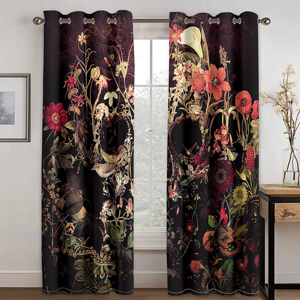 3D Printed Curtains Skull and Flower Blackout Decoration Window Shading Curtain Custom 2 Panels Drapes