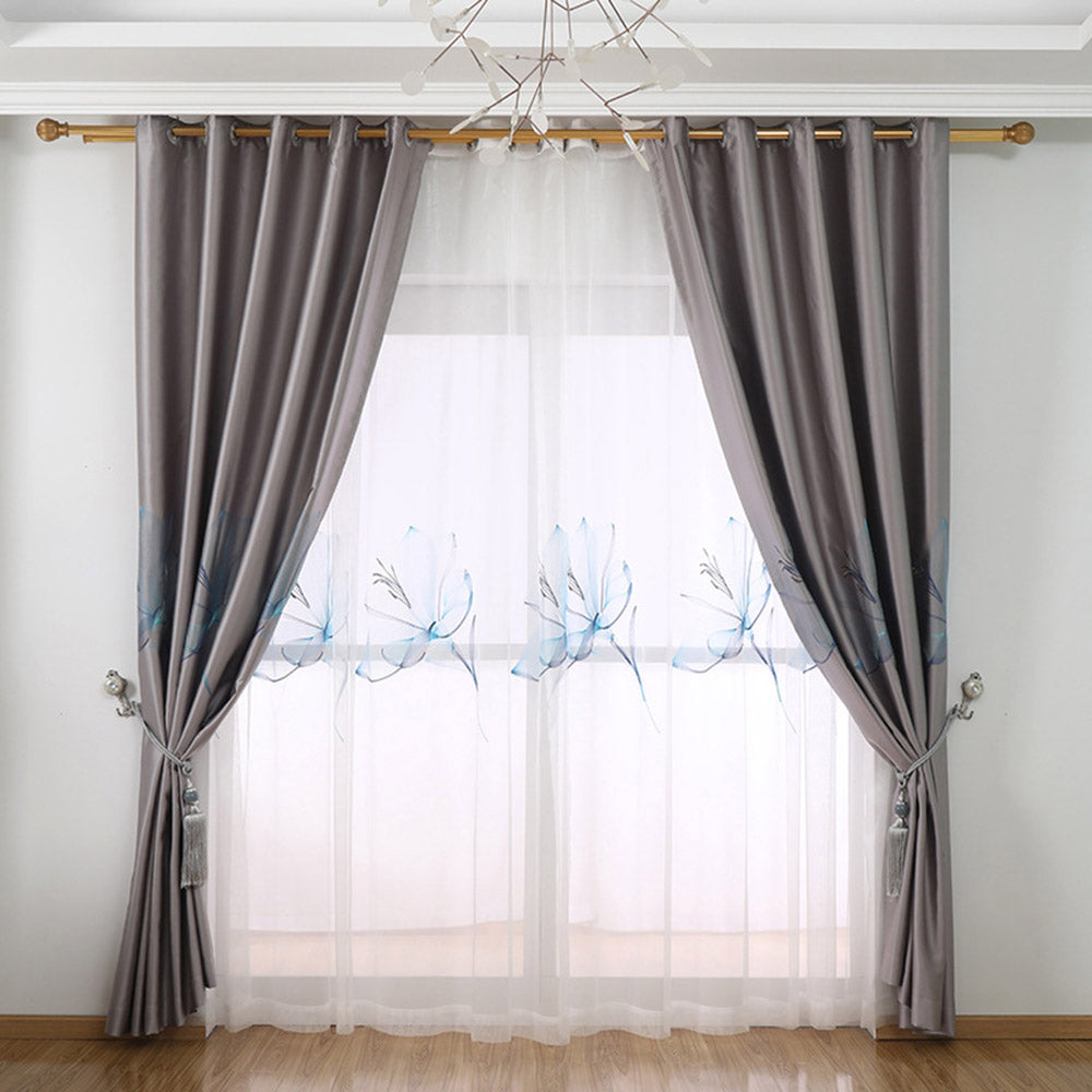 Modern Style Gray Blackout Curtains  Embroidered Sheer Curtains for Living Room Bedroom Decoration Custom 2 Panels Drapes No Pilling No Fading No off-lining Brocade