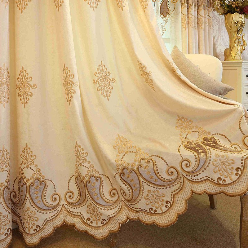 Beige Embroidery Blackout Curtains Sun Light Blocking Window Curtains Floral Sheer 2 Panels Custom Grommet Curtains For Living Room Bedroom