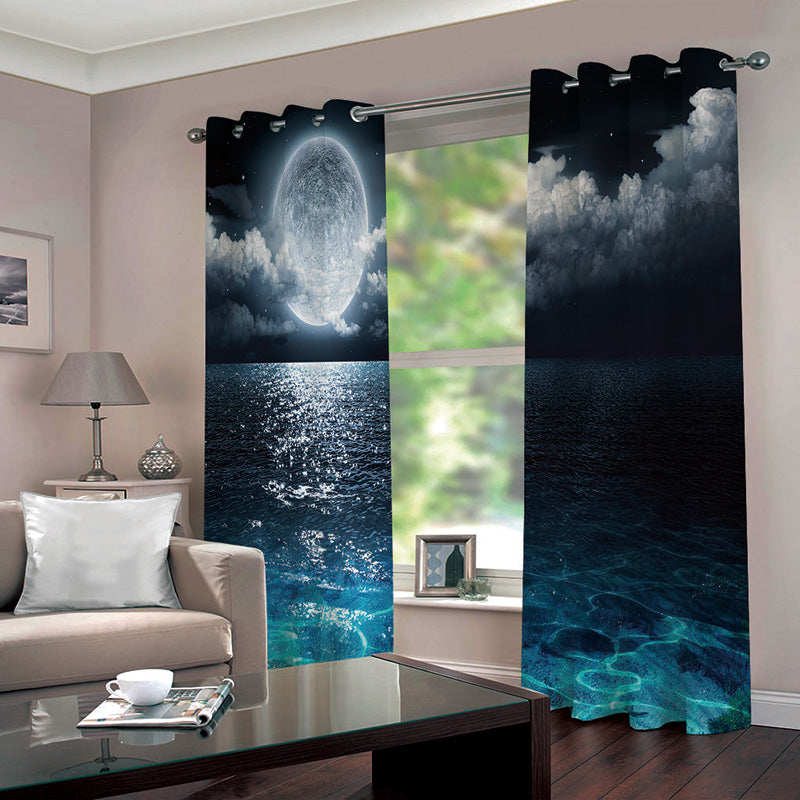 3D Printed Night Sky Window Curtains Modern Polyester Decoration Blackout Full Moon and Foggy Clouds with Turquoise Glass Like Sea Ocean Print