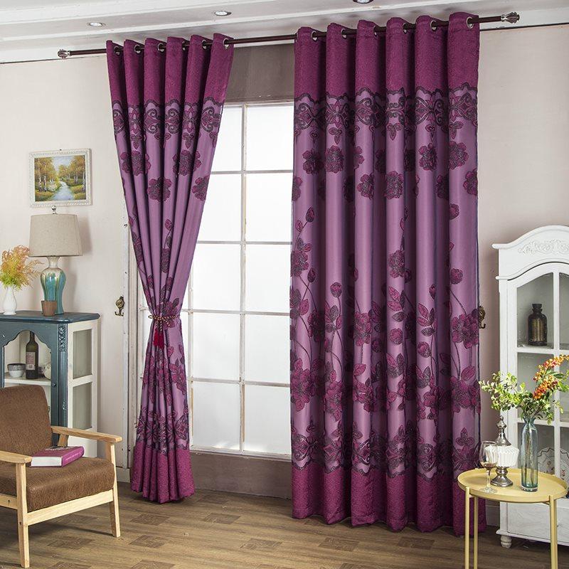 Double Floral Embroidered Curtain Sets Lily Purple Sheer and Lining Blackout Curtains for Living Room Bedroom Window Decoration