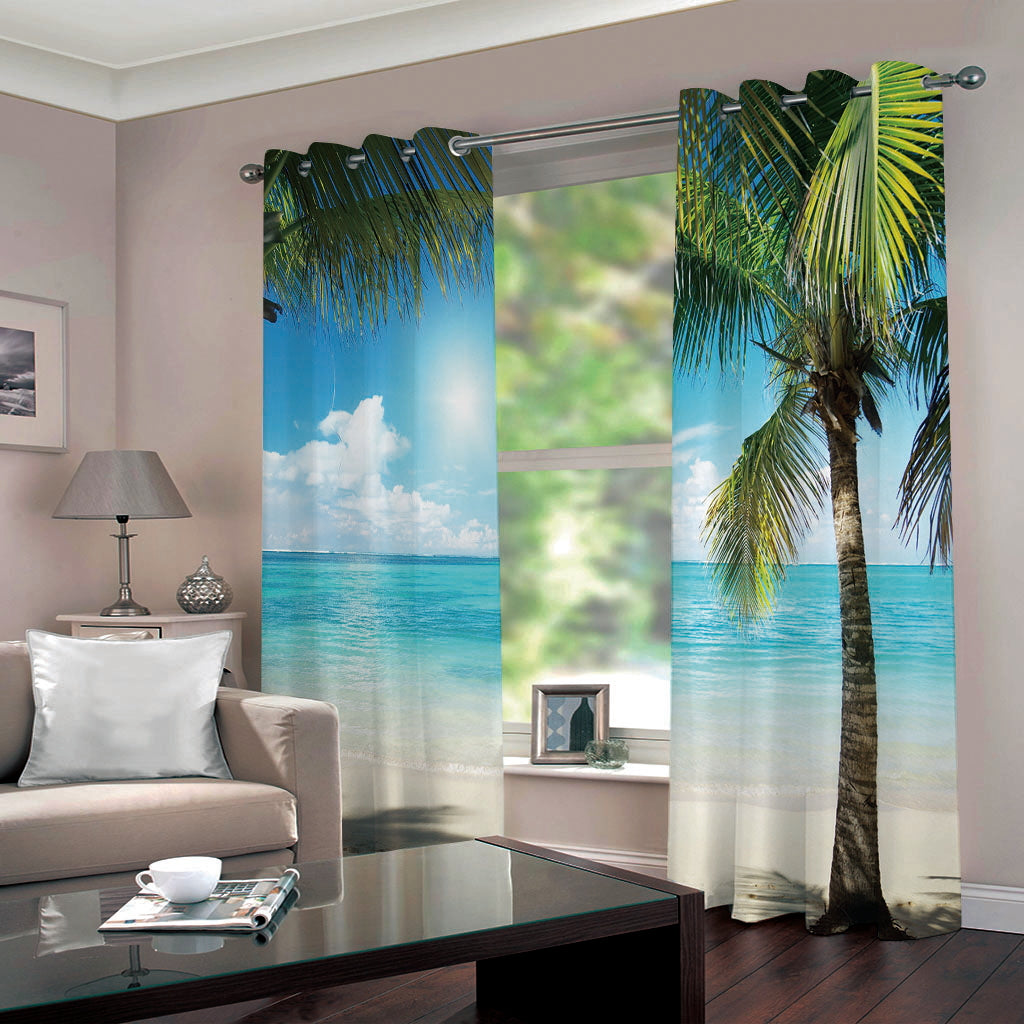 3D Sunny Day Seaside Beach and Coconut Palm Printed Decorative Custom Scenery Curtains