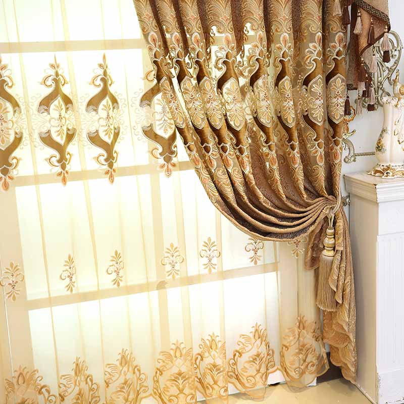 Elegant Embroidery Sheer Curtain Coffee Tulle for Living Room Bedroom Window Decoration Custom 2 Panels Drapes Breathable Voile