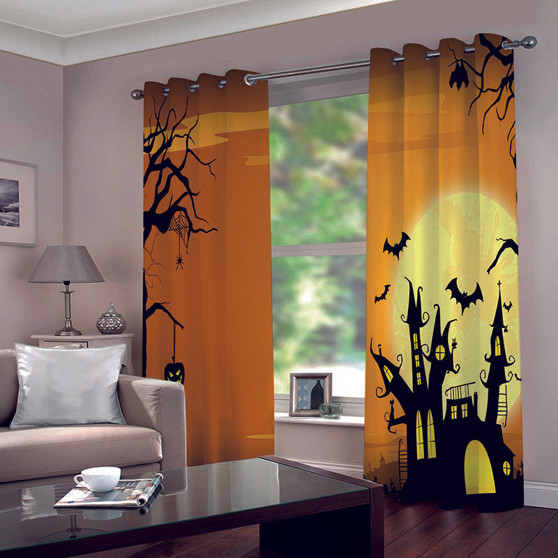 Yellow 3D Happy Halloween Printed Blackout Decoration Window Curtains for Living Room and Bedroom Custom 2 Panels Drapes No Pilling No Fading No off-lining