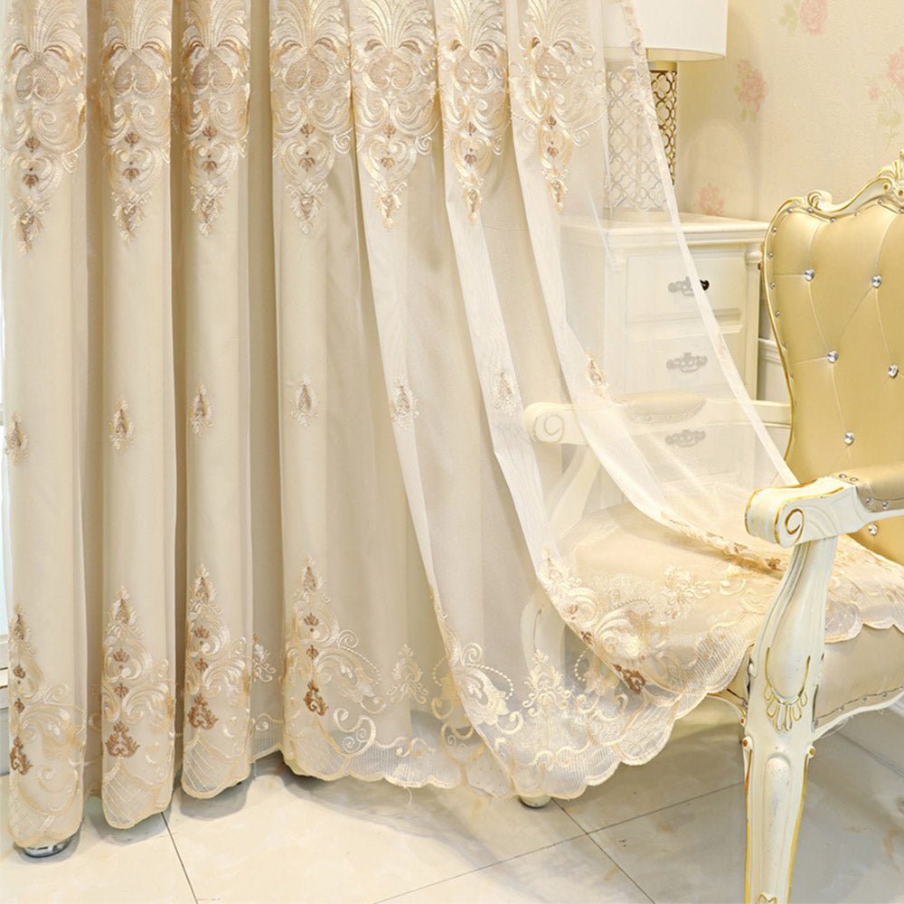 European High-end Window Curtain Sets Beige Embroidery Blackout Curtain for Living Room Bedroom Decoration No Pilling No Fading No off-lining