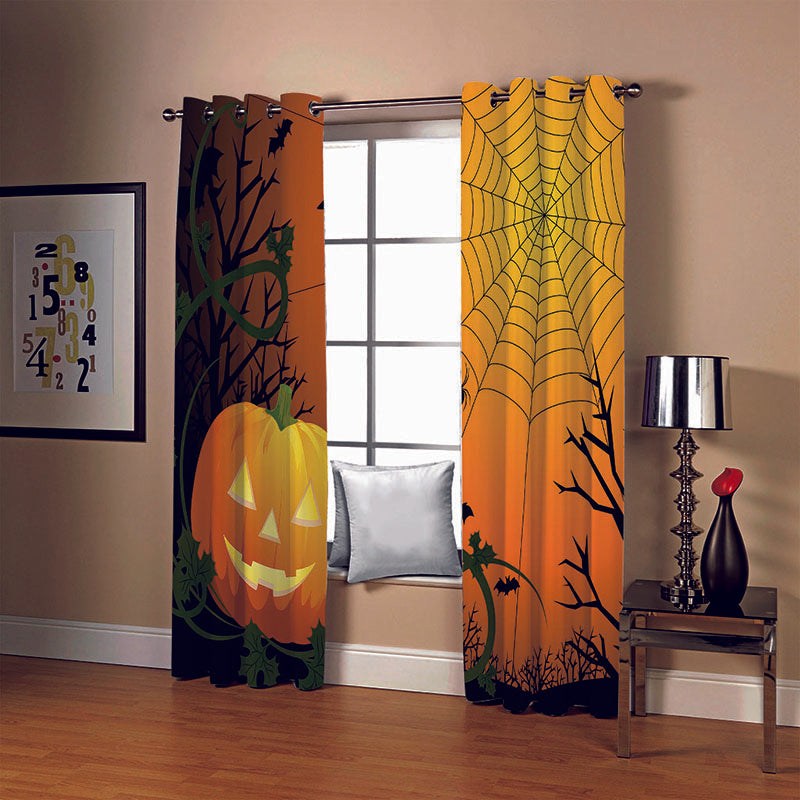 3D Yellow Halloween Pumpkin Spider Web Printed Blackout Decoration Window Curtains for Living Room and Bedroom Custom 2 Panels Drapes No Pilling No Fading No off-lining