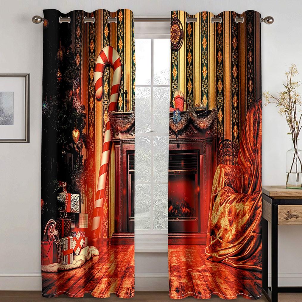 Christmas Gifts 3D Window Curtains Fireplace Print Blackout Curtains for Living Room Bedroom Window Drapes Chirstmas 2 Panel Set