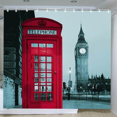 3D Big Ben and Red Telephone Booth Printed Polyester Bathroom Shower Curtain