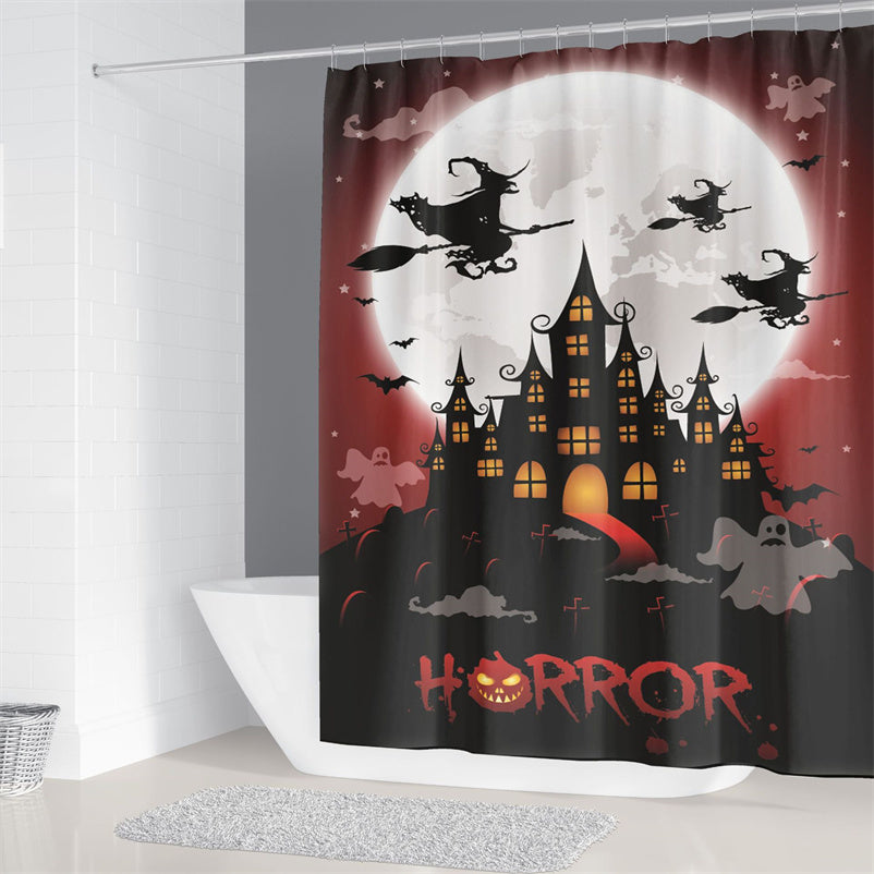 3D Shower Curtain Happy Halloween Witch Castle Moon Bat Bathroom Shower Curtains with Hooks for Halloween Decoration Waterproof Mouldproof