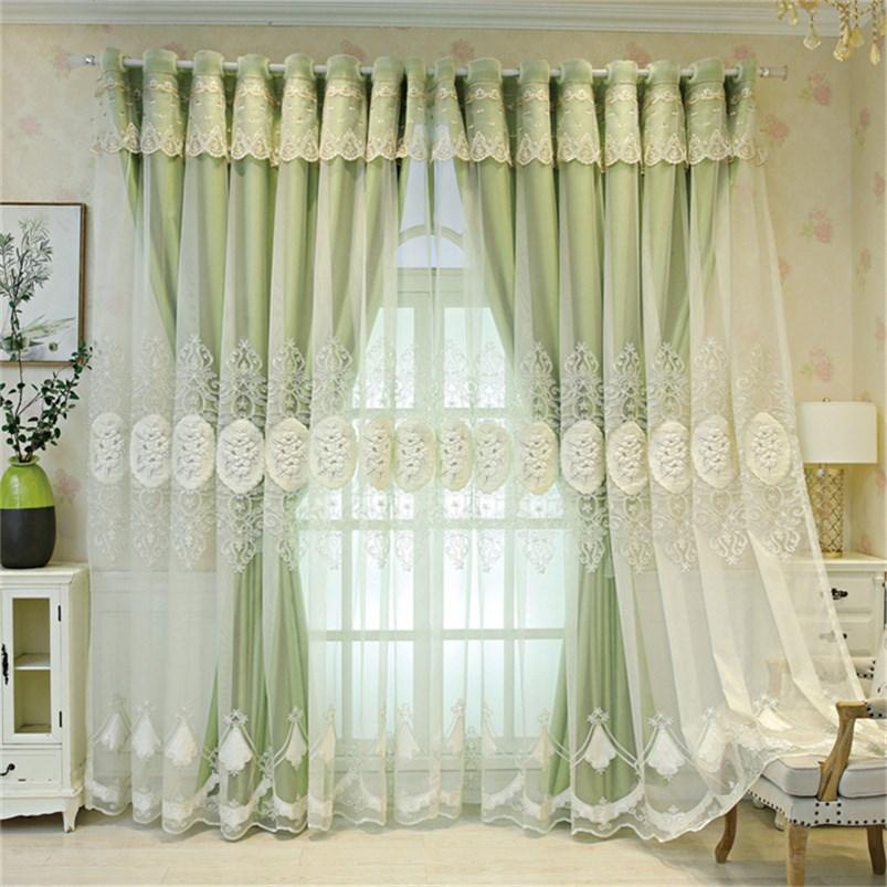 European Double Window Curtain Set Floral Embroidery Curtain Sheer and Lining Blackout Curtains for Living Room Bedroom 2 Panels Drapes Decoration