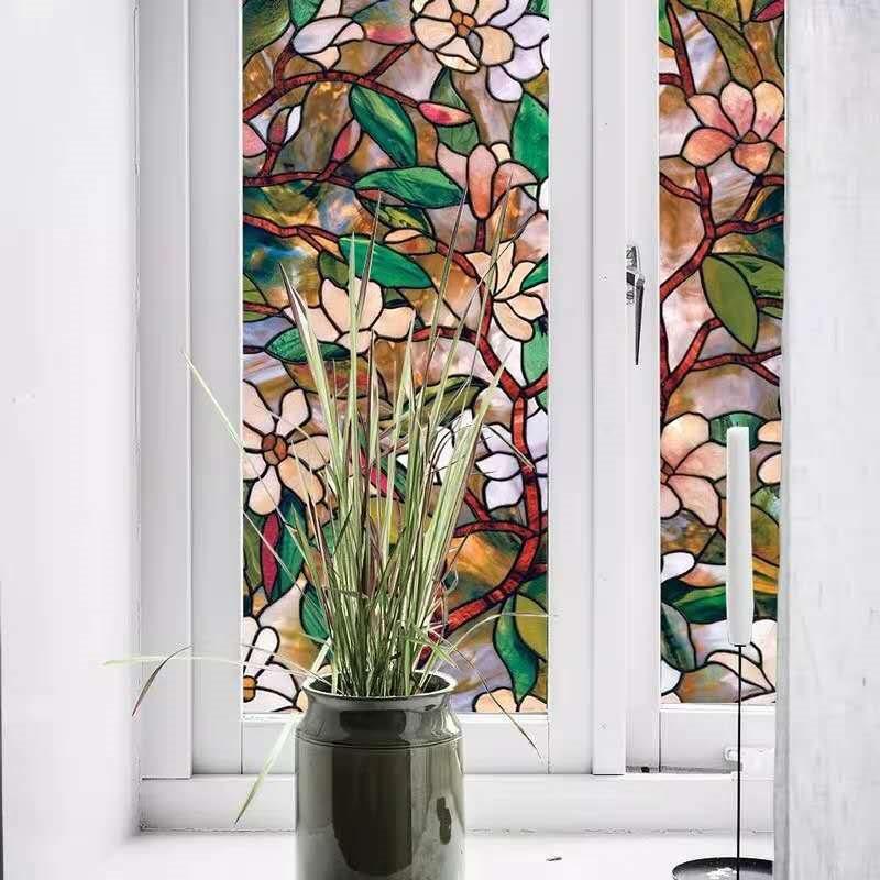 Privacy Floral Pattern Window Film Magnolia Non-Adhesive Static Cling Heat Control Non-Adhesiv Window Stickers for Glass Door Home House Ofiice