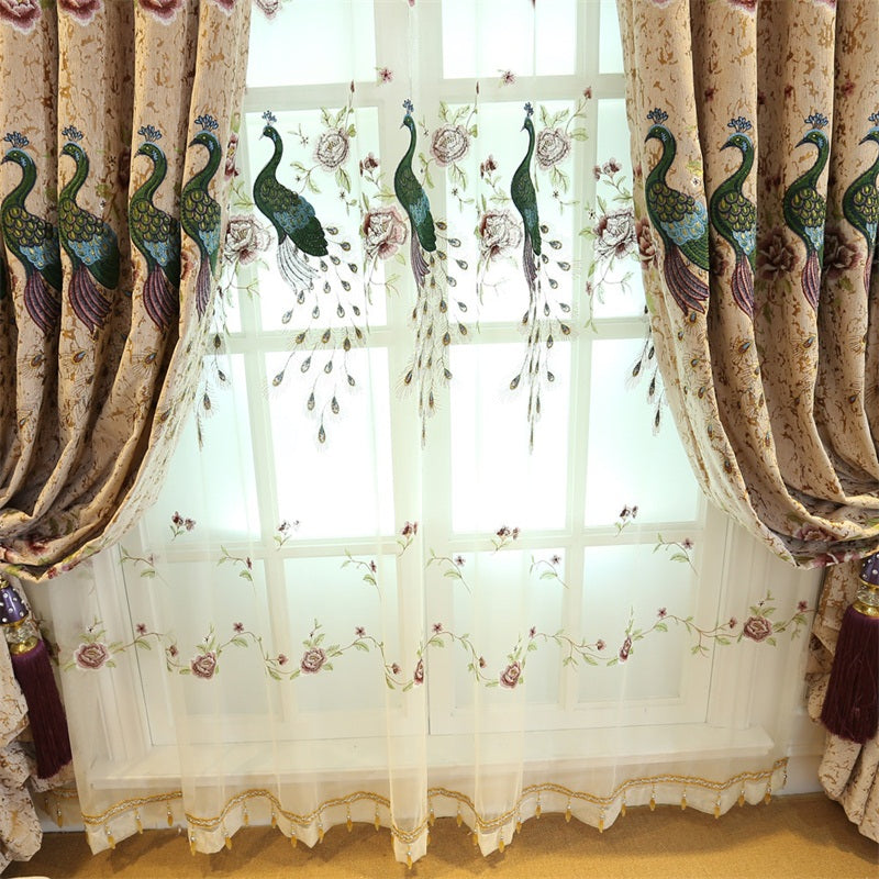 Elegant and Modern Embroidered Peacocks 2 Panels Living Room Sheer Curtain