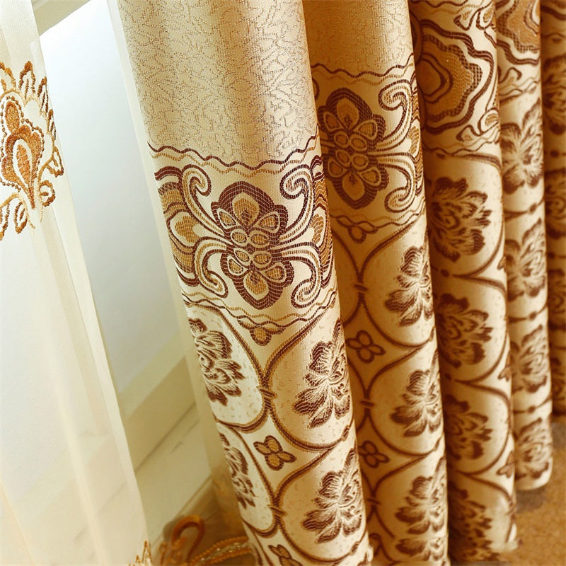 Noble and Elegant Blackout Curtains Thick Chenille Embroidered Golden and Red Flowers Shading Curtain 2 panels Grommet Top Curtain