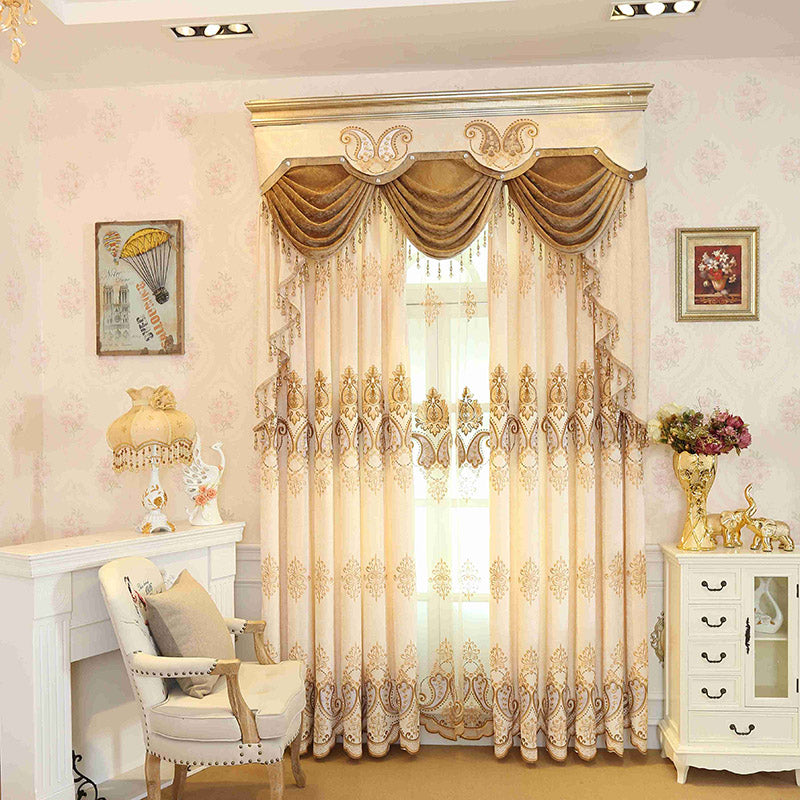 Beige Embroidery Blackout Curtains Sun Light Blocking Window Curtains Floral Sheer 2 Panels Custom Grommet Curtains For Living Room Bedroom