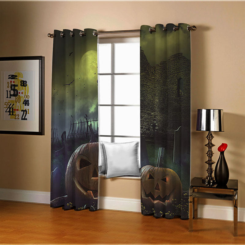 3D Green Halloween Night Pumpkin Printed Blackout Decoration Window Curtains for Living Room and Bedroom Custom 2 Panels Drapes No Pilling No Fading No off-lining