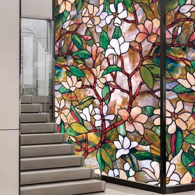 Privacy Floral Pattern Window Film Magnolia Non-Adhesive Static Cling Heat Control Non-Adhesiv Window Stickers for Glass Door Home House Ofiice