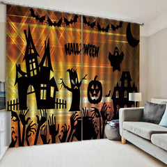 Happy Halloween Castle Pumpkin Bat 3D Printed Blackout Decoration Window Curtains for Living Room and Bedroom Custom 2 Panels Drapes No Pilling No Fading No off-lining