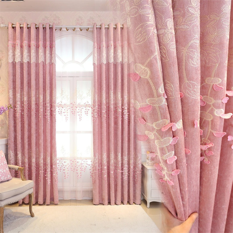 Romantic Pink Color Pastoral Style Embroidered Shading Curtain and Sheer for Bedroom Living Room Finished Product Shading Cloth