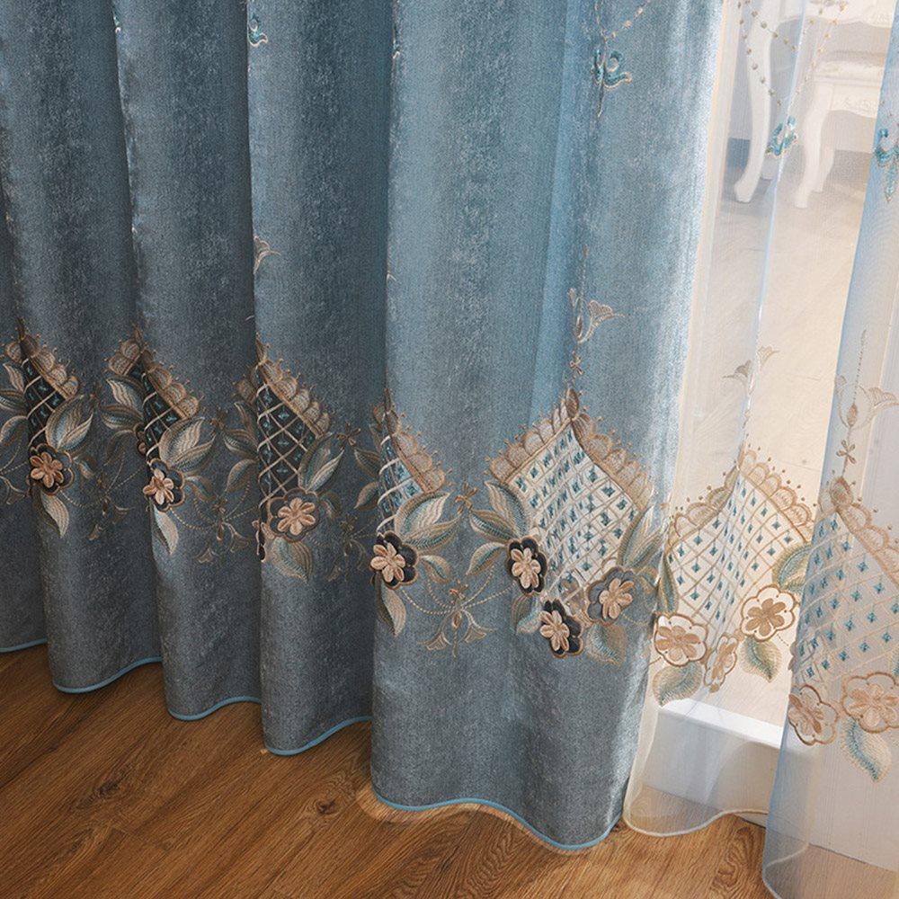 Blue Floral Embroidery Sheer Blackout Curtains Elegant Shading Curtains Chenille Hollow-out Blackout Curtains for Living Room Bedroo Decoration Custom 2 Panels Drapes