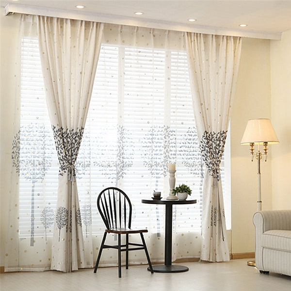 Concise Grey Tree Printing Shading Cloth & Sheer Curtain Sets