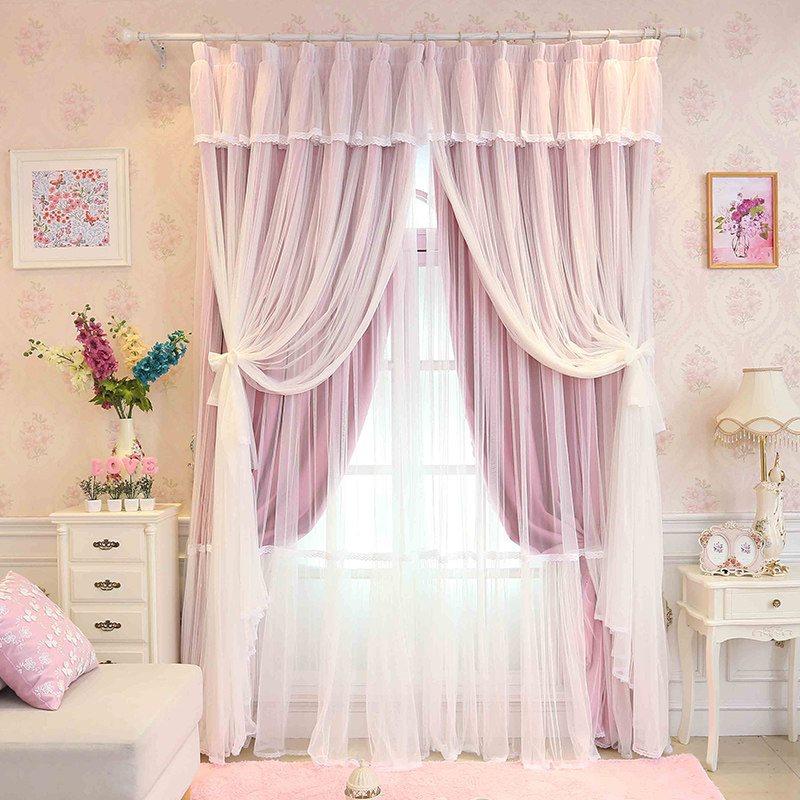 Princess Style Window Curtains Pink Sheer and Cloth Sewing Together Blackout Custom Curtain