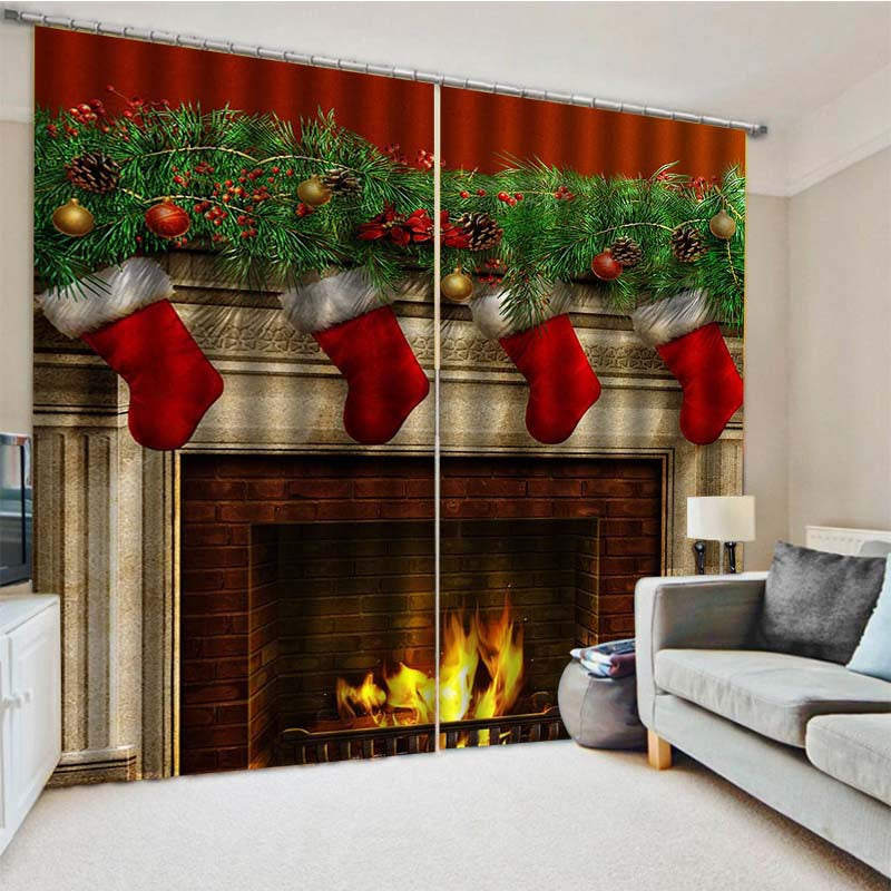 3D Christmas Stockings and Fireplace Print Blackout Decorative Curtains for Living Room Bedroom