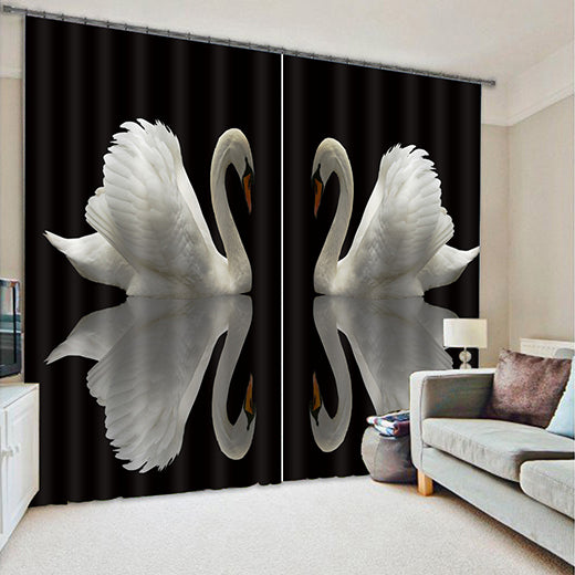 3D Lovely Couple White Swans Printed Polyester Decoration Custom Living Room Curtain