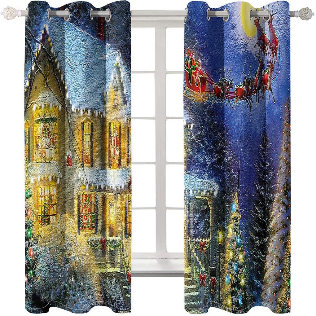 3D Window Curtains Christmas Carriage and Castle Print Blackout Curtains for Living Room Bedroom Window Drapes Chirstmas 2 Panel Set