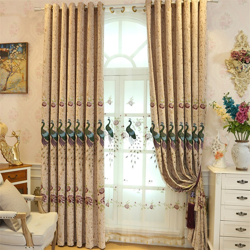 Elegant and Modern Embroidered Peacocks 2 Panels Living Room Sheer Curtain