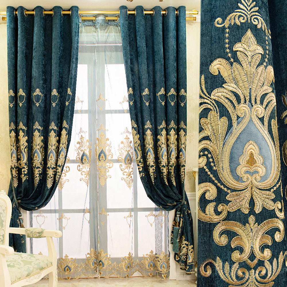 Blackout Curtains European Luxury Embroidery Grommet Window Curtains Shading Curtains Sheer Decoration Custom 2 Panels Drapes for Living Room Bedroom