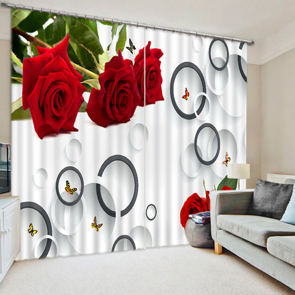 Romantic Red Roses and Circles Custom Creative 3D Curtain for Living Room