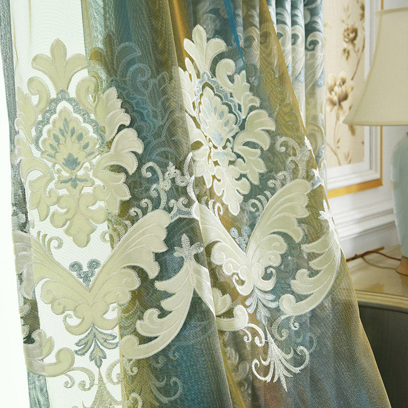 Noble Luxuriant Blue Green Chenille Embroidered Blackout Custom Grommet Curtains and Sheer