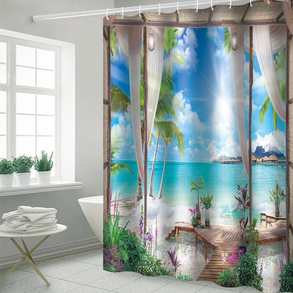 Blue 3D Printed Landscape Shower Curtain Waterproof and Mildewproof Polyester