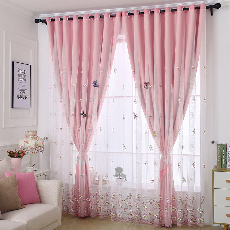 Embroidery  Decorative Blackout Cloth and Sheer Sewing Together Pink 2 Panels Curtain