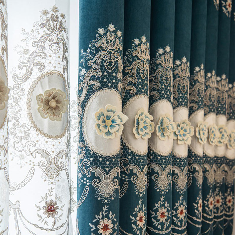 Chenille Elegant Blackout Curtains High Quality Blue European Relief Embroidery Window Curtains Sheer for Living Room Bedroom Custom Set of 2 Panels