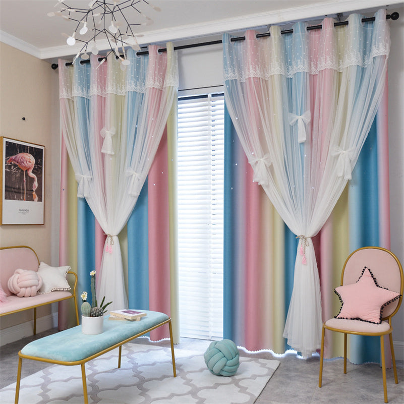 Sweet Stars Blackout Curtains for Bedroom Girls Kids Baby Window Curtain Double Layer Star Cut Out Aesthetic Living Room Decor Wall Home Decorations Curtain 1 Panels