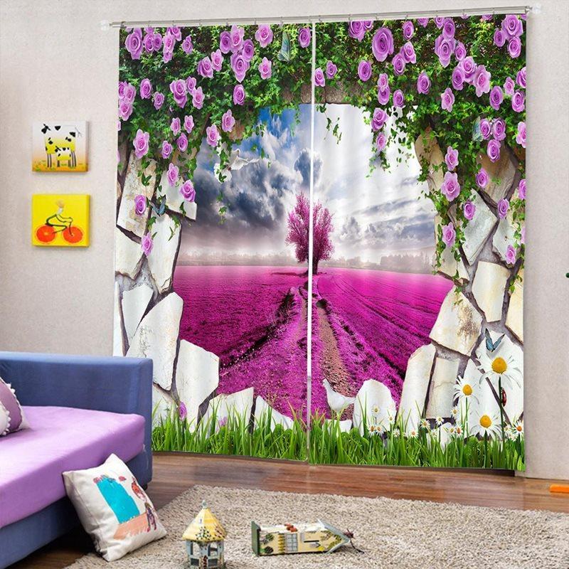 Pink Rose Flowers Curtains Sea of Lavender 3D Floral Themed Curtains Drapes 2 Panel Set for Living Room Bedroom Decoration Window